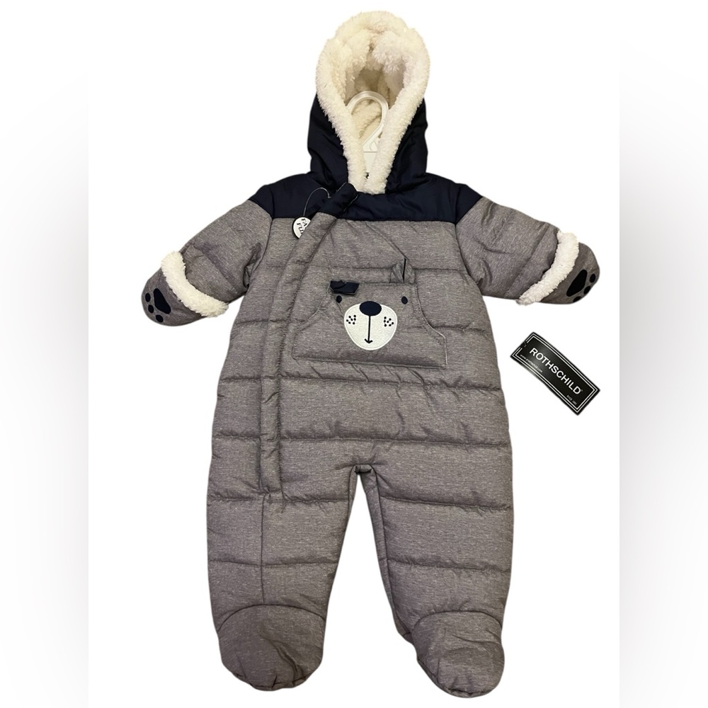 Rothschild Gray and Cream Quilted Footies with Bear Appliqué